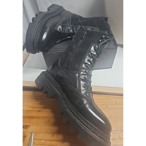 AllSaints  Alexia Boot Black Shine lace up  zipper leather combat boots woman 10 - Picture 3 of 10